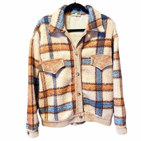 Mazik Jackets & Blazers - Cozy Plaid Sherpa Jacket w/ Corduroy Trim – Soft Fluffy Shacket Style (M)